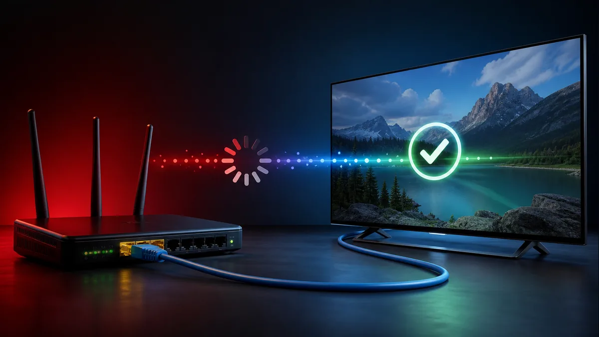 Routeur connecté à une Smart TV par câble Ethernet, connexion stable validée pour un abonnement IPTV France