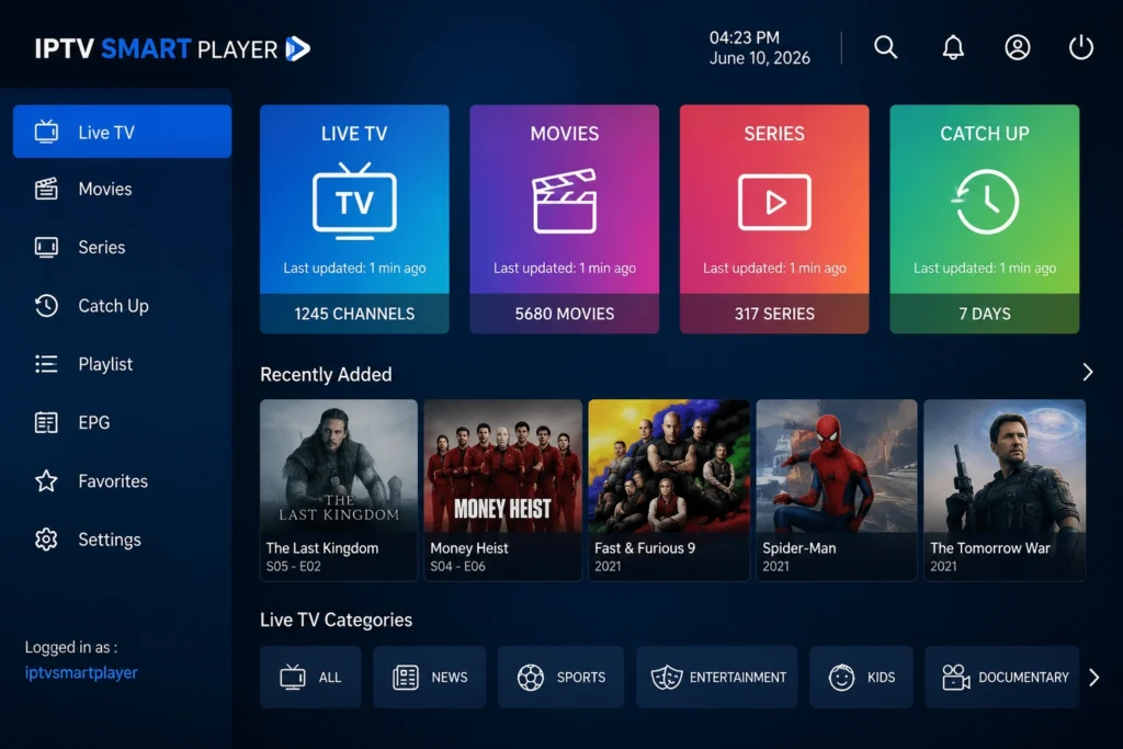 Interface de l'application IPTV Smart Player sur smartphone et Smart TV