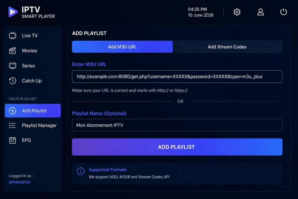 Ajout d'une playlist M3U ou Xtream Codes sur IPTV Smart Player