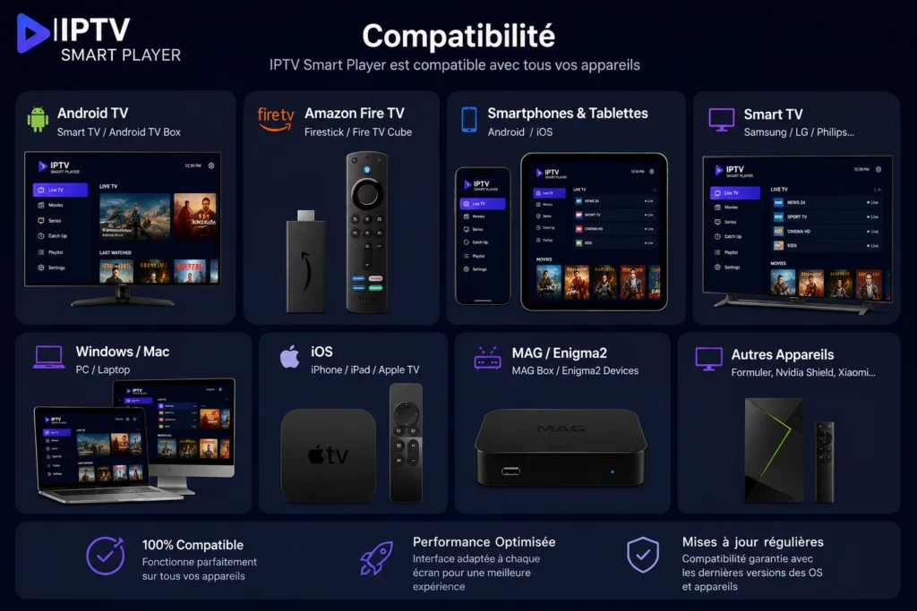 IPTV Smart Player utilisé sur iOS, Android, Windows, macOS et Smart TV