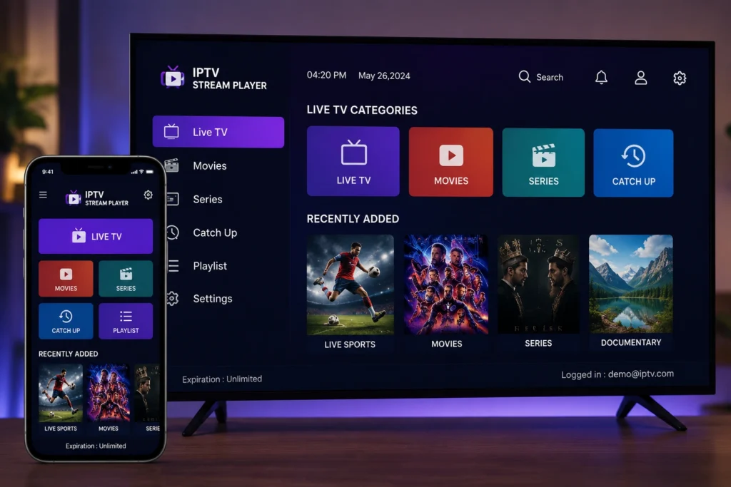 Interface de l'application IPTV Stream Player sur smartphone et Smart TV
