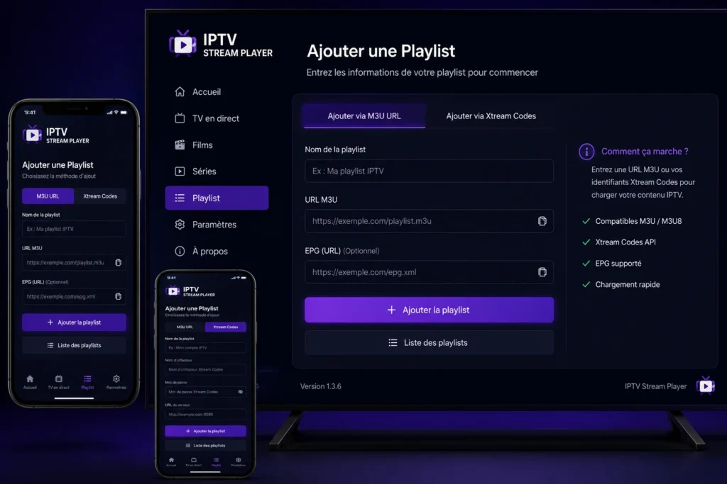 Écran d'ajout d'une playlist M3U ou d'un compte Xtream Codes dans IPTV Stream Player