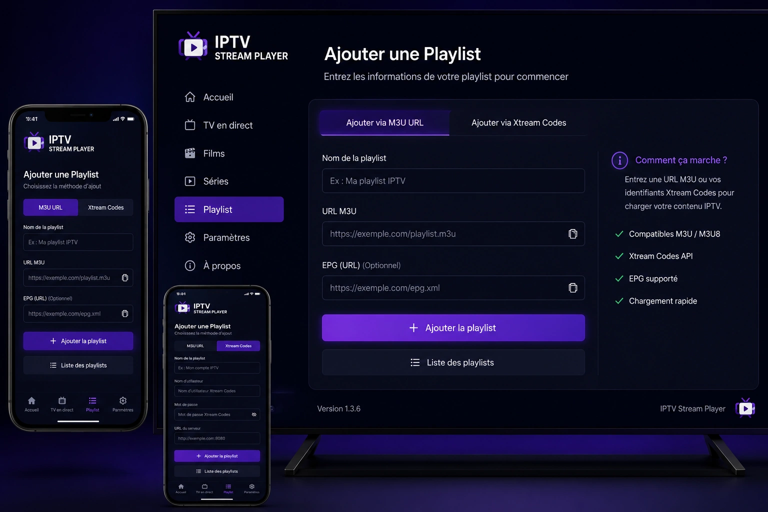 Écran d'ajout d'une playlist M3U ou d'un compte Xtream Codes dans IPTV Stream Player