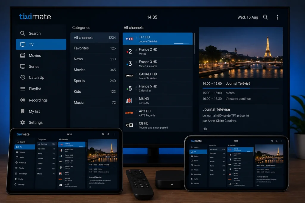 Interface TiviMate IPTV Player affichée sur un téléviseur Android TV avec tablette et smartphone