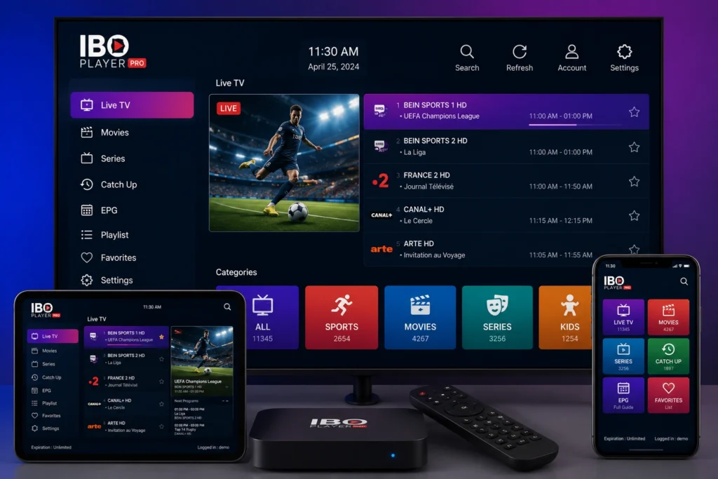Interface IBO Player Pro affichée sur un téléviseur Smart TV avec tablette et smartphone