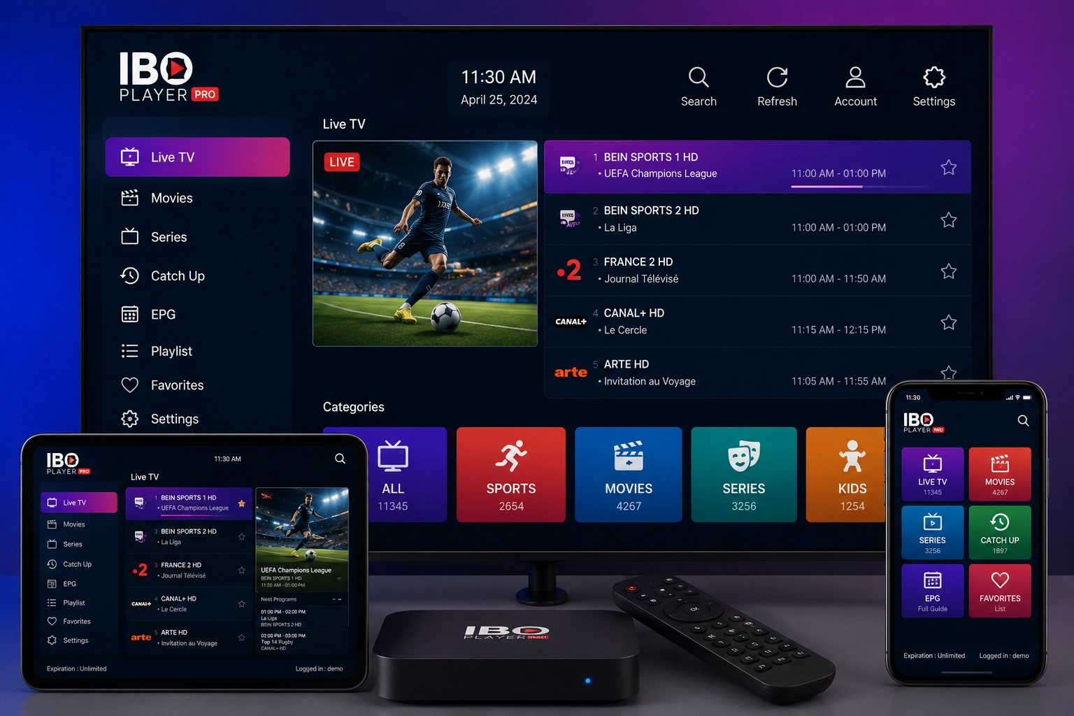 Interface de l'application IBO Player Pro sur Android et Smart TV