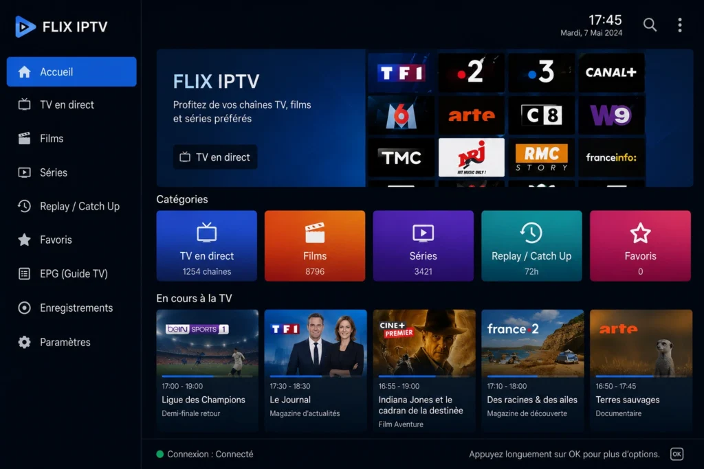 Interface de l'application Flix IPTV sur Android et iOS