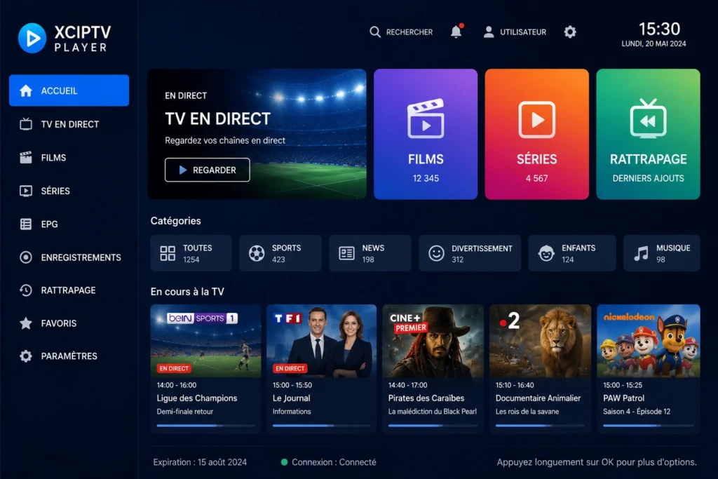 Interface de l'application XCIPTV Player sur Android TV