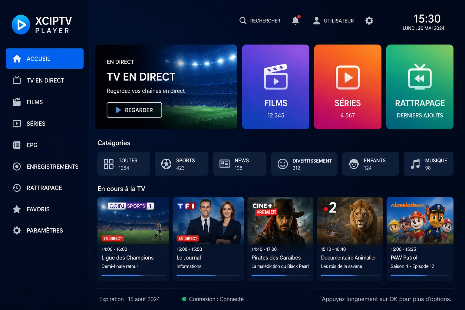 Interface de l'application XCIPTV Player sur Android TV